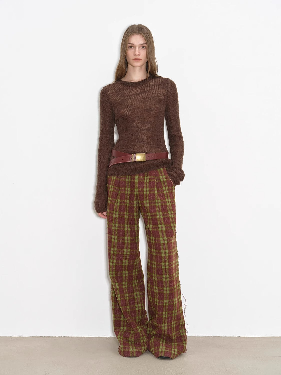 "Vintage Opportunity" High-Proportion Merino Wool Single Pleated Plaid Tweed Low-Rise Wide-Leg Casual Pants-0