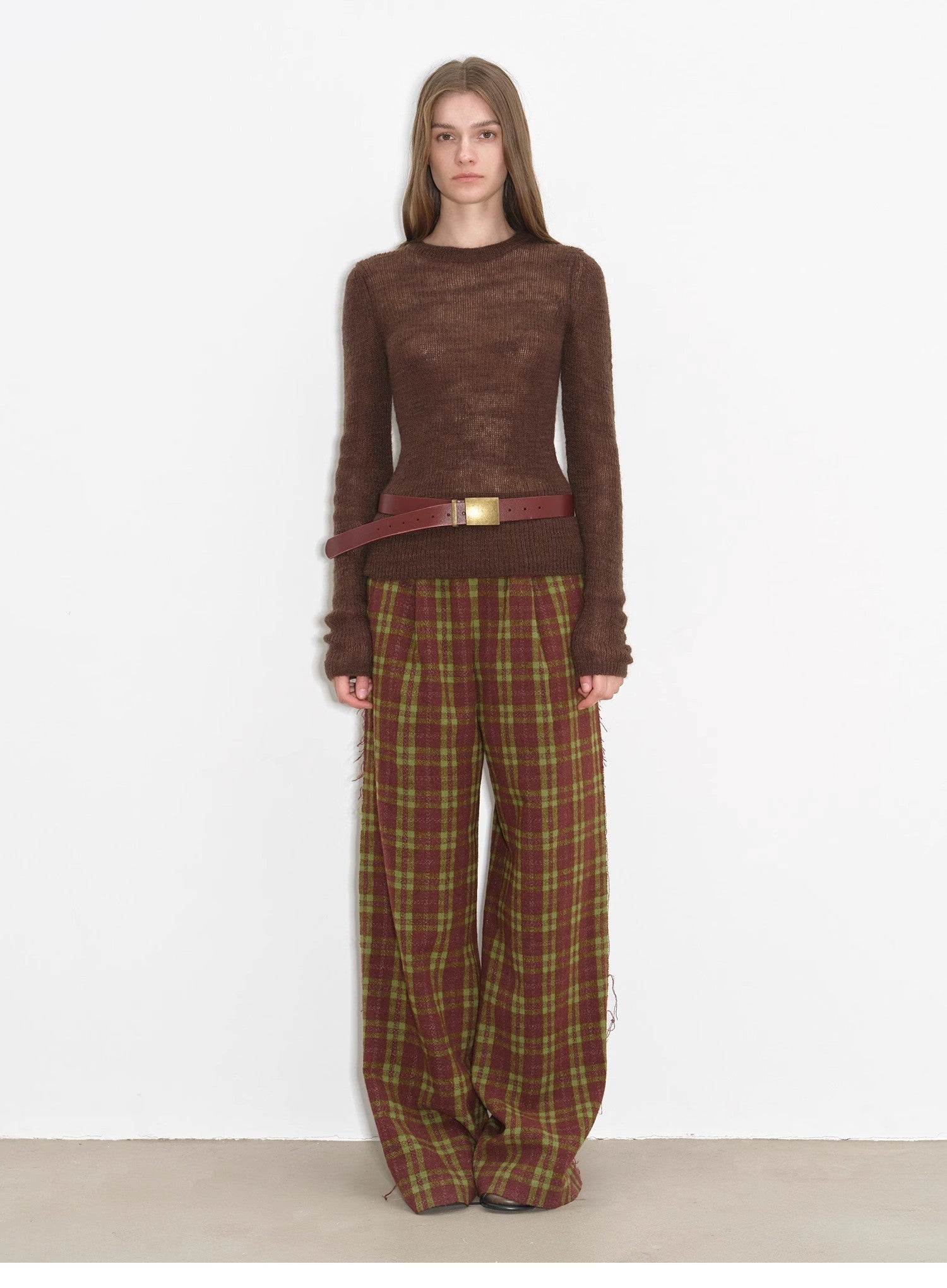 "Vintage Opportunity" High-Proportion Merino Wool Single Pleated Plaid Tweed Low-Rise Wide-Leg Casual Pants-4