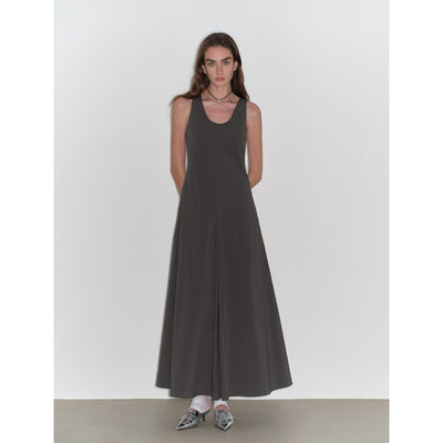 "Lake Bled" Simple and slim texture U-neck A-line slim fit vest dress-5