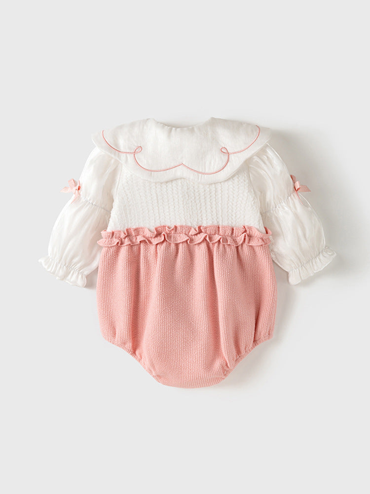 Baby Girls’ Autumn Onesie with Flower Embroidery & Color Patchwork