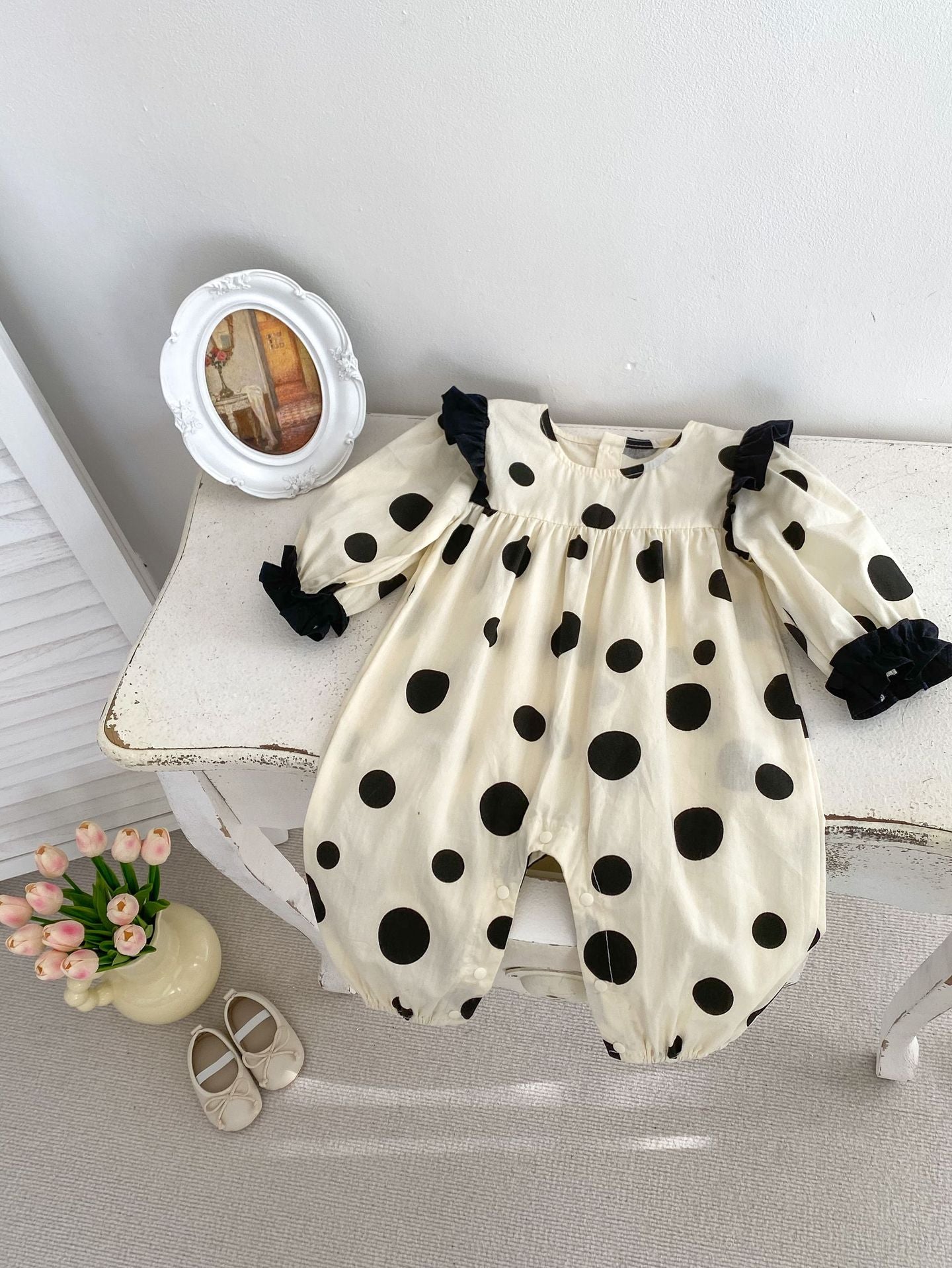 Polka Dot Romper & Black Leather Shoes Set for Baby & Kids Girls
