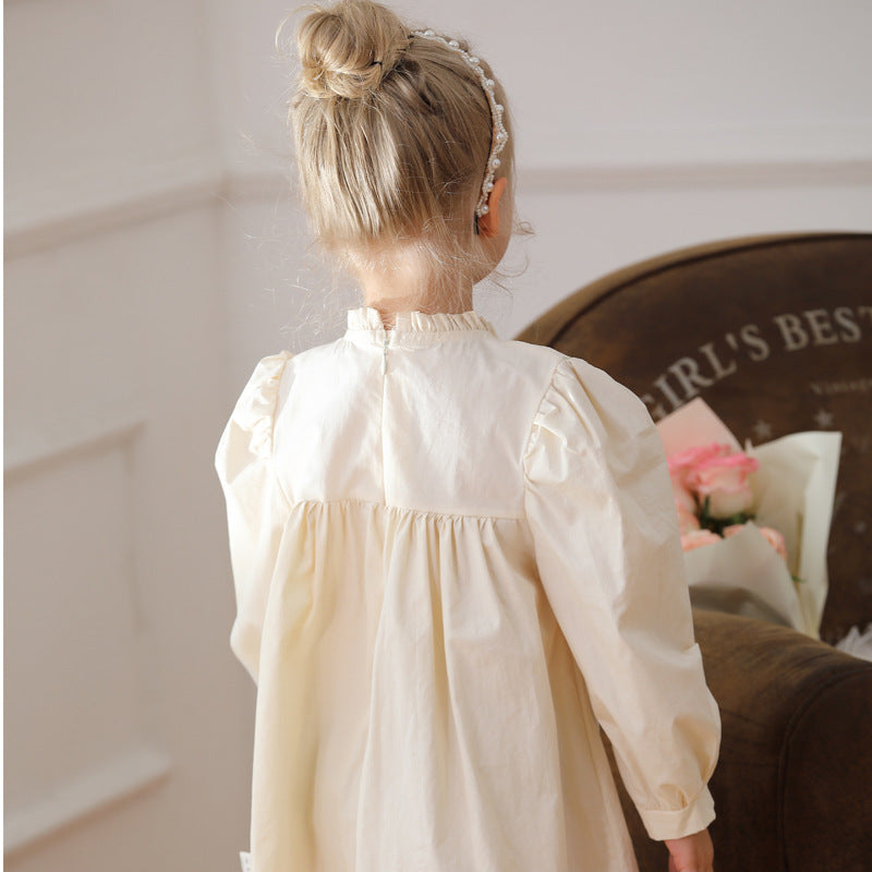 New Arrival Autumn Girls’ Long Sleeve Dress with Ruffle Neck and Flower Embroidery