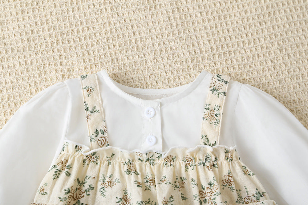 Floral Print Round Neck Onesie Dress – Baby Girl