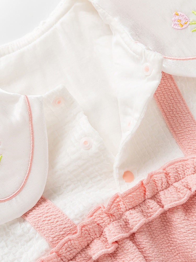 Autumn New Arrival Baby Girls Flowers Pattern Embroidery Collar Color Patchwork Onesies-2