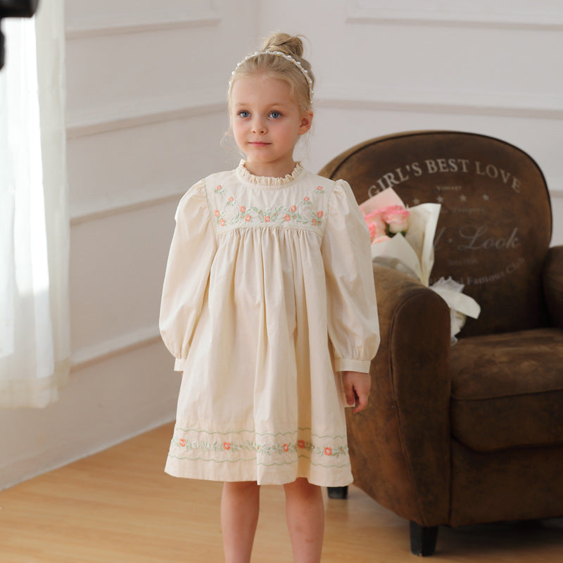 New Arrival Autumn Girls’ Long Sleeve Dress with Ruffle Neck and Flower Embroidery