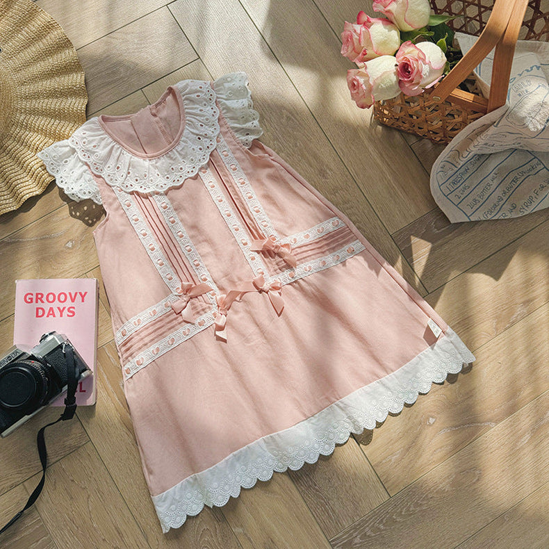 Girls’ Lace-Trimmed Floral Dress with Fly Sleeves – Summer