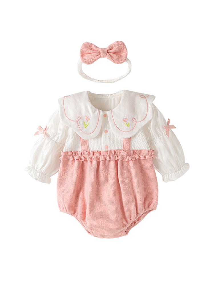 Baby Girls’ Autumn Onesie with Flower Embroidery & Color Patchwork
