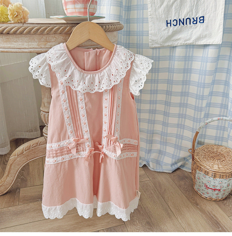 Girls’ Lace-Trimmed Floral Dress with Fly Sleeves – Summer