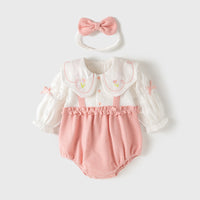 Autumn New Arrival Baby Girls Flowers Pattern Embroidery Collar Color Patchwork Onesies-4